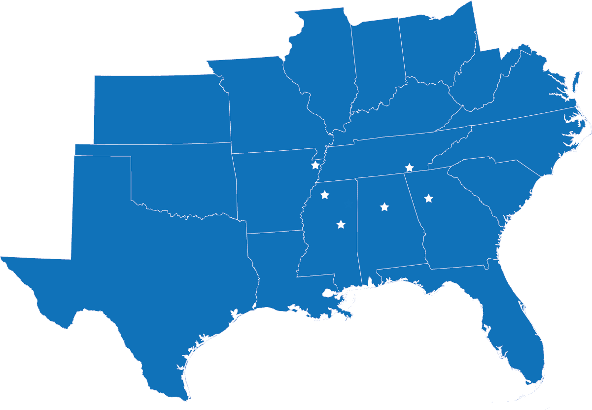 Map of Southeast USA with stars denoting Louisville, MS, Oxford, MS, Blytheville, AR, Birmingham, AL, Chattanooga, TN, and Atlanta, GA